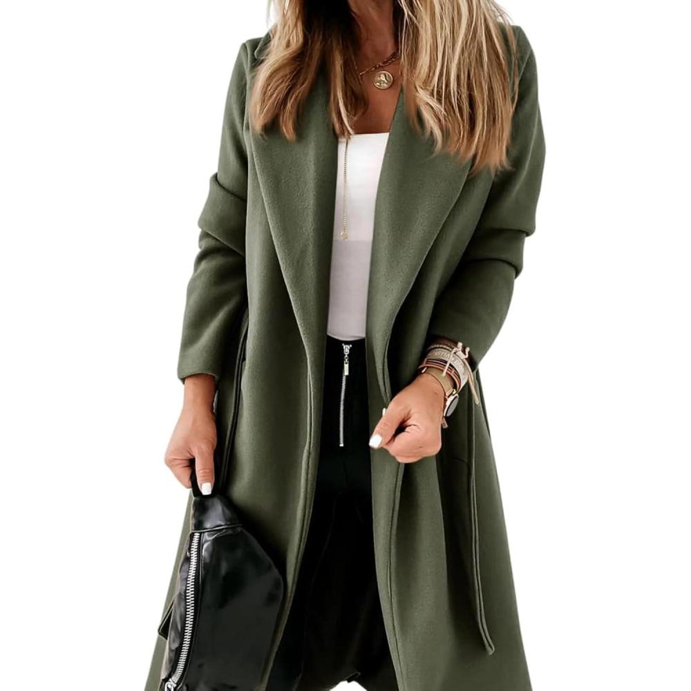 imageTankaneo Womens Notched Lapel Collar Coats Open Front Long Jackets Overcoat with BeltArmy Green