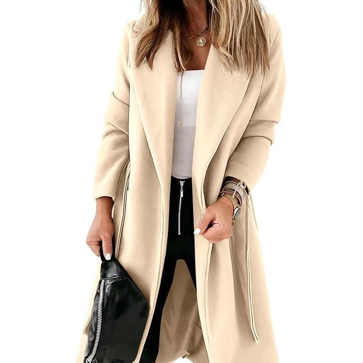 imageTankaneo Womens Notched Lapel Collar Coats Open Front Long Jackets Overcoat with BeltBeige