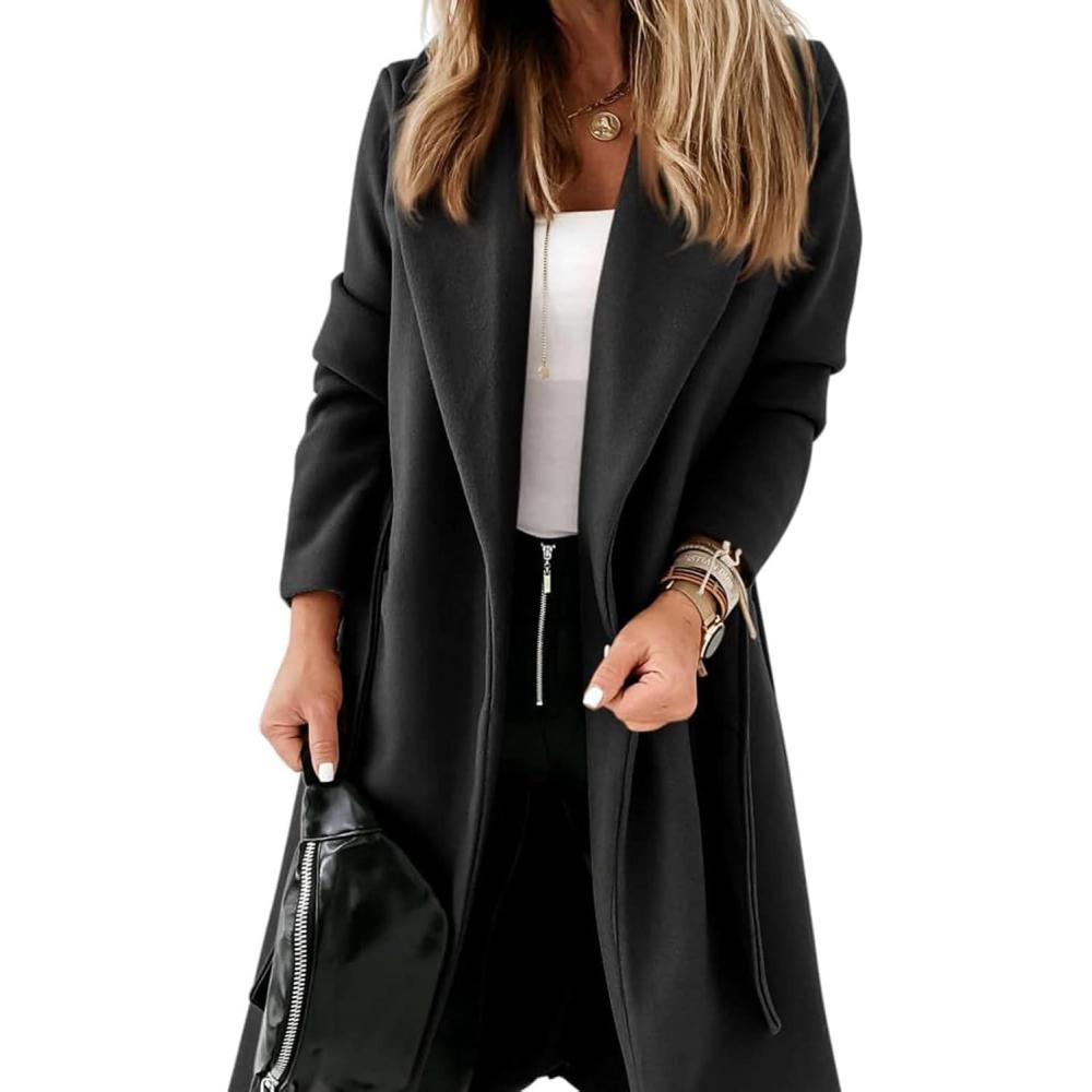 imageTankaneo Womens Notched Lapel Collar Coats Open Front Long Jackets Overcoat with BeltBlack