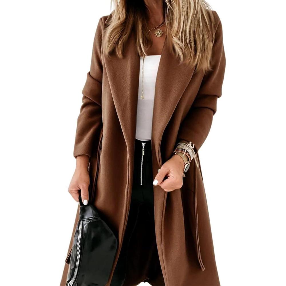 imageTankaneo Womens Notched Lapel Collar Coats Open Front Long Jackets Overcoat with BeltBrown