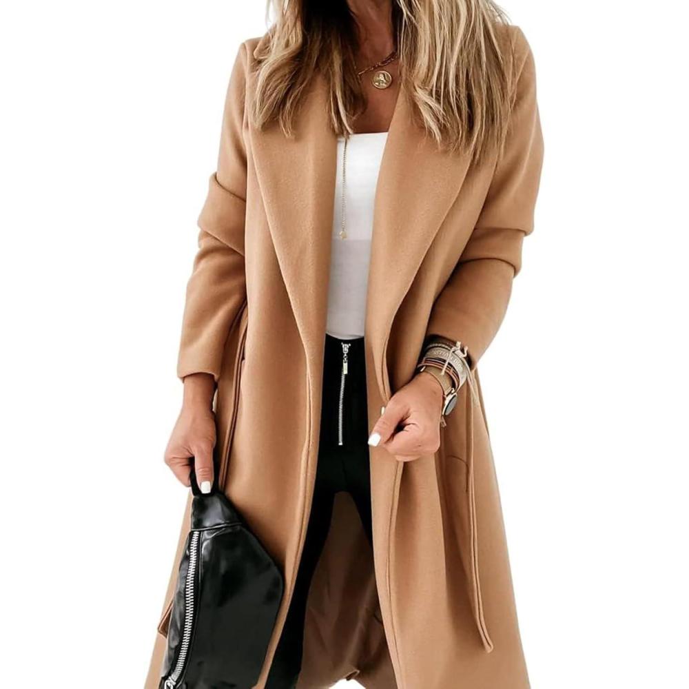 imageTankaneo Womens Notched Lapel Collar Coats Open Front Long Jackets Overcoat with BeltCamel