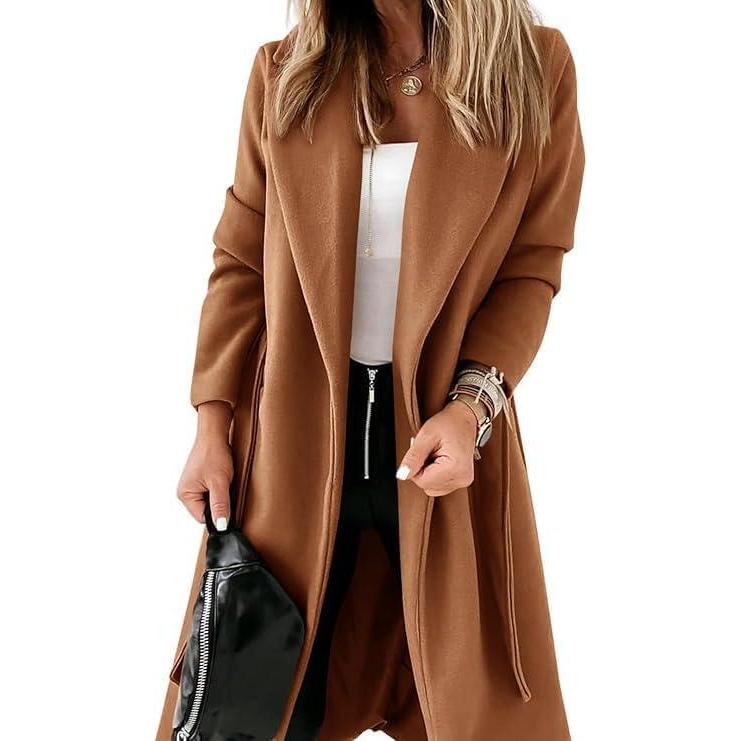 imageTankaneo Womens Notched Lapel Collar Coats Open Front Long Jackets Overcoat with BeltLight Brown