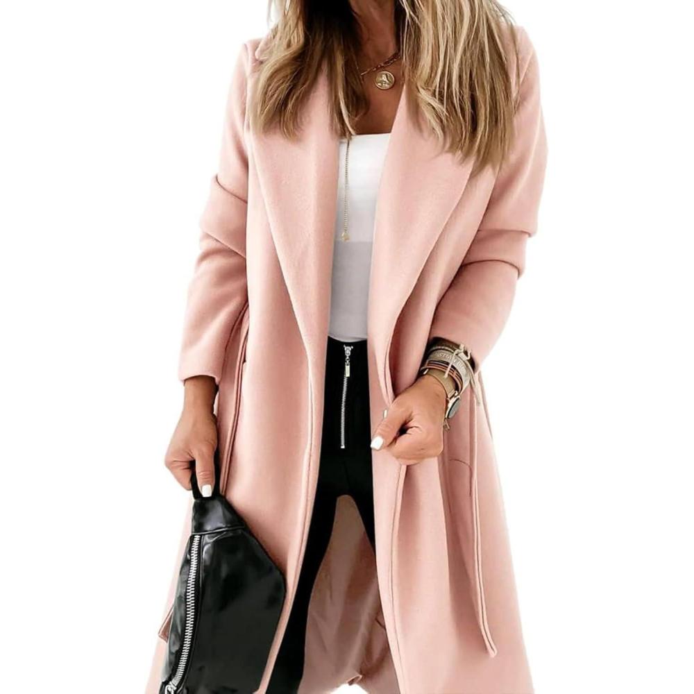 imageTankaneo Womens Notched Lapel Collar Coats Open Front Long Jackets Overcoat with BeltPink