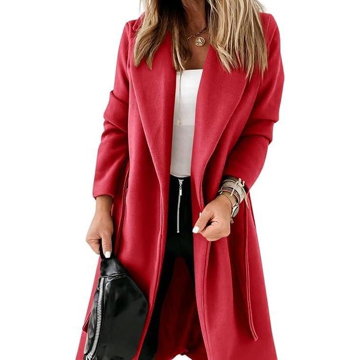 imageTankaneo Womens Notched Lapel Collar Coats Open Front Long Jackets Overcoat with BeltRed