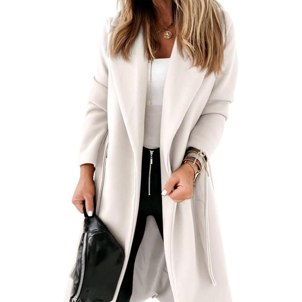 imageTankaneo Womens Notched Lapel Collar Coats Open Front Long Jackets Overcoat with BeltWhite