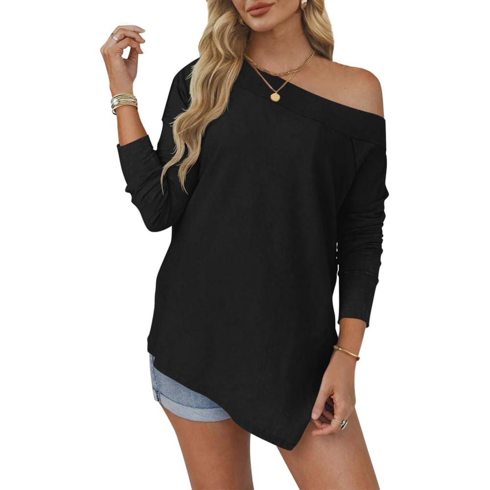 imageTankaneo Womens Off The Shoulder Tops Casual Long Sleeve T Shirts Irregular Hem Split Tunics Loose Fall Blouse ShirtBlack