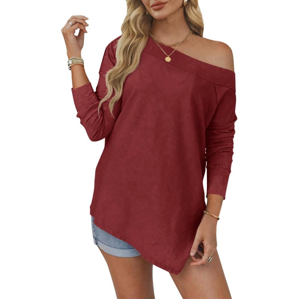 imageTankaneo Womens Off The Shoulder Tops Casual Long Sleeve T Shirts Irregular Hem Split Tunics Loose Fall Blouse ShirtBurgundy