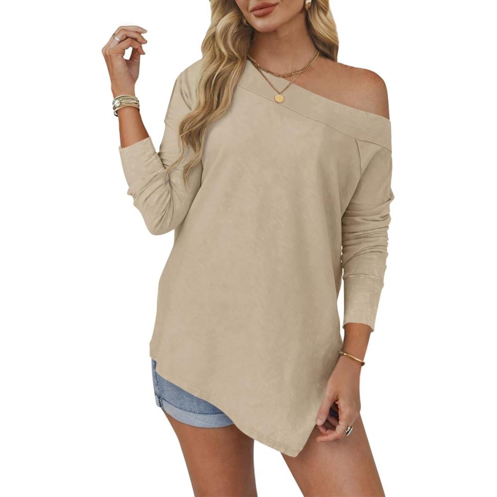 imageTankaneo Womens Off The Shoulder Tops Casual Long Sleeve T Shirts Irregular Hem Split Tunics Loose Fall Blouse ShirtKhaki