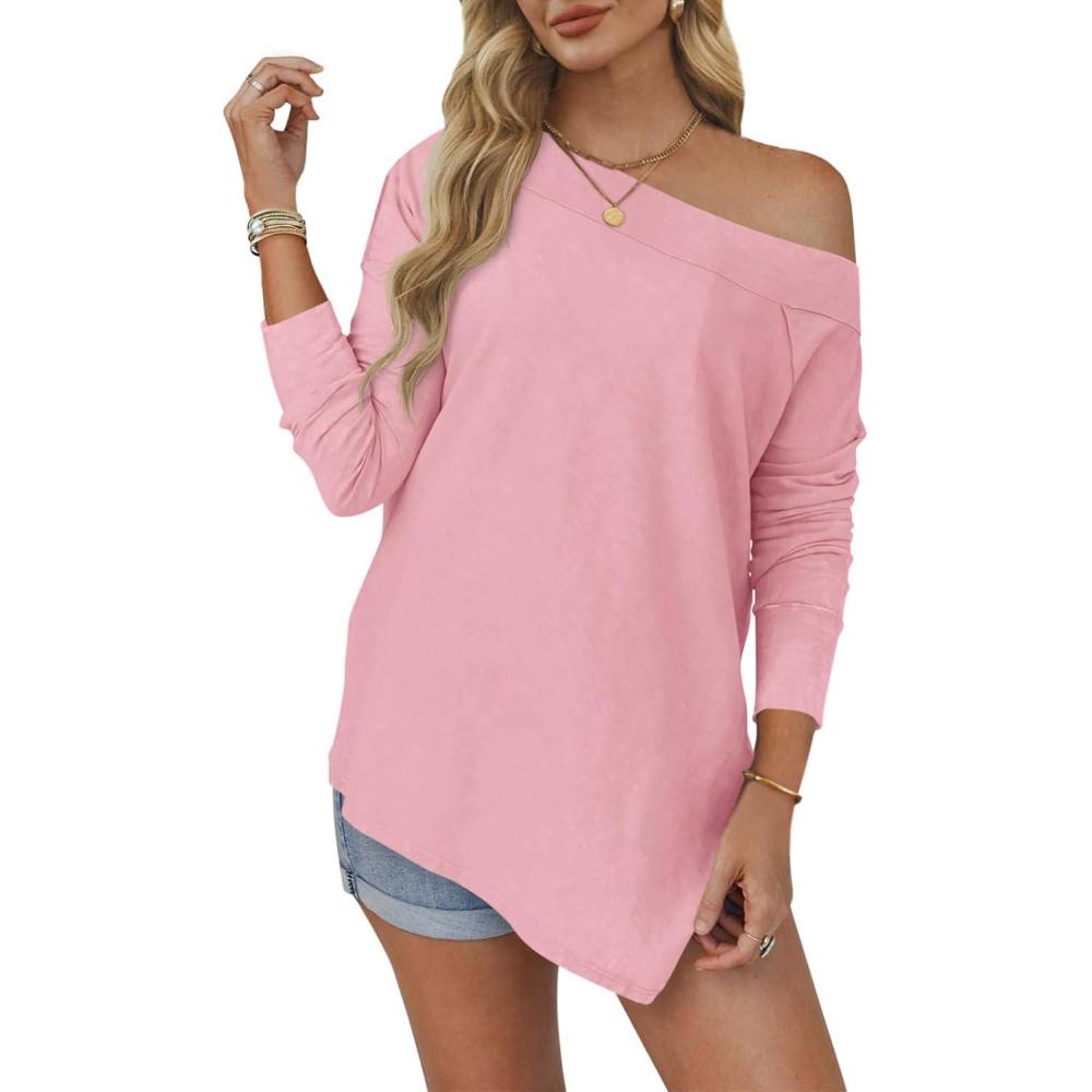 imageTankaneo Womens Off The Shoulder Tops Casual Long Sleeve T Shirts Irregular Hem Split Tunics Loose Fall Blouse ShirtPink