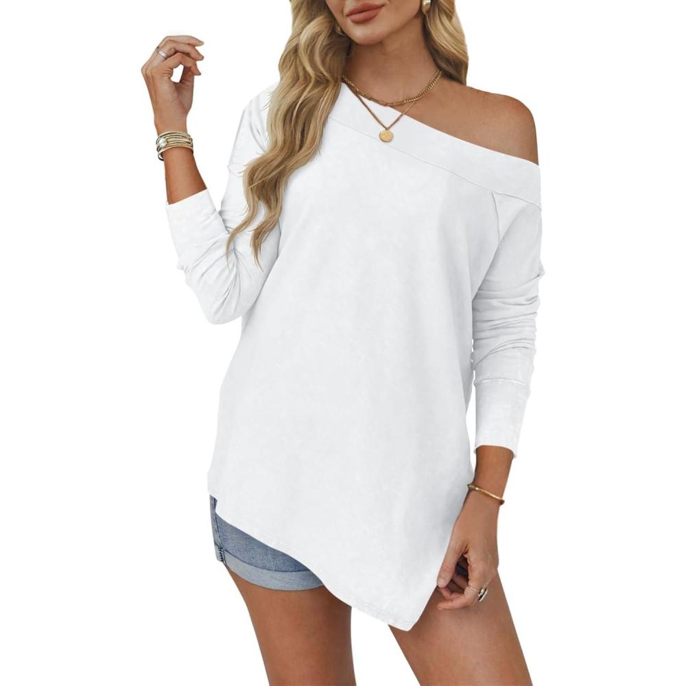 imageTankaneo Womens Off The Shoulder Tops Casual Long Sleeve T Shirts Irregular Hem Split Tunics Loose Fall Blouse ShirtWhite