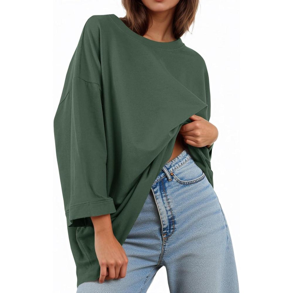 imageTankaneo Womens Oversized 34 Bell Sleeve TShirts Casual Crewneck Fall Trendy Tunic Tops Loose Fit Basic TeesArmy Green