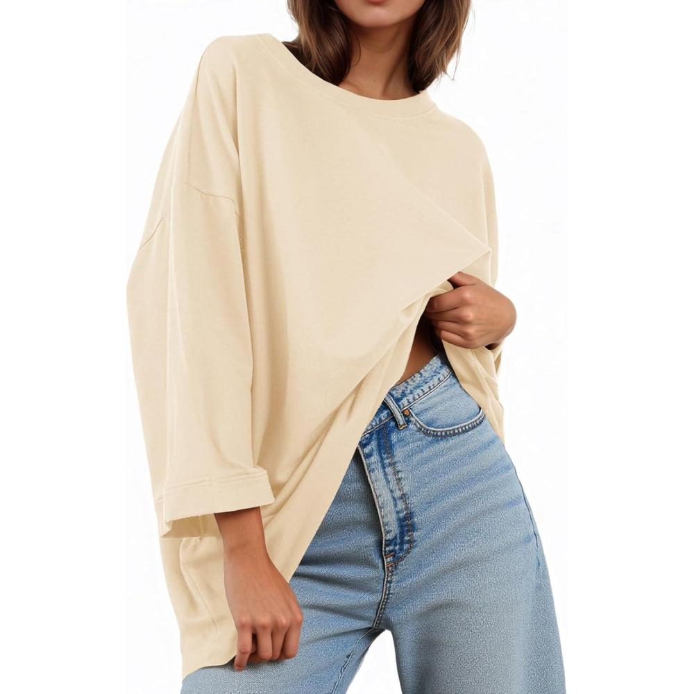 imageTankaneo Womens Oversized 34 Bell Sleeve TShirts Casual Crewneck Fall Trendy Tunic Tops Loose Fit Basic TeesBeige