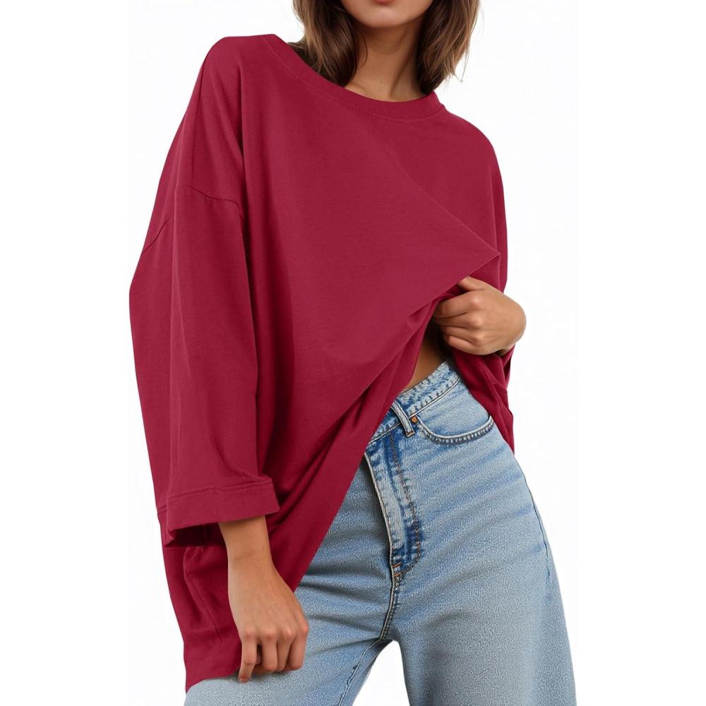 imageTankaneo Womens Oversized 34 Bell Sleeve TShirts Casual Crewneck Fall Trendy Tunic Tops Loose Fit Basic TeesBurgundy