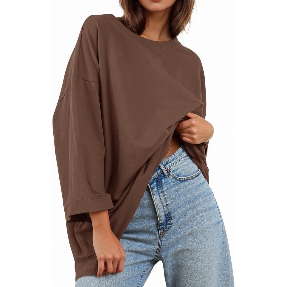 imageTankaneo Womens Oversized 34 Bell Sleeve TShirts Casual Crewneck Fall Trendy Tunic Tops Loose Fit Basic TeesCoffee