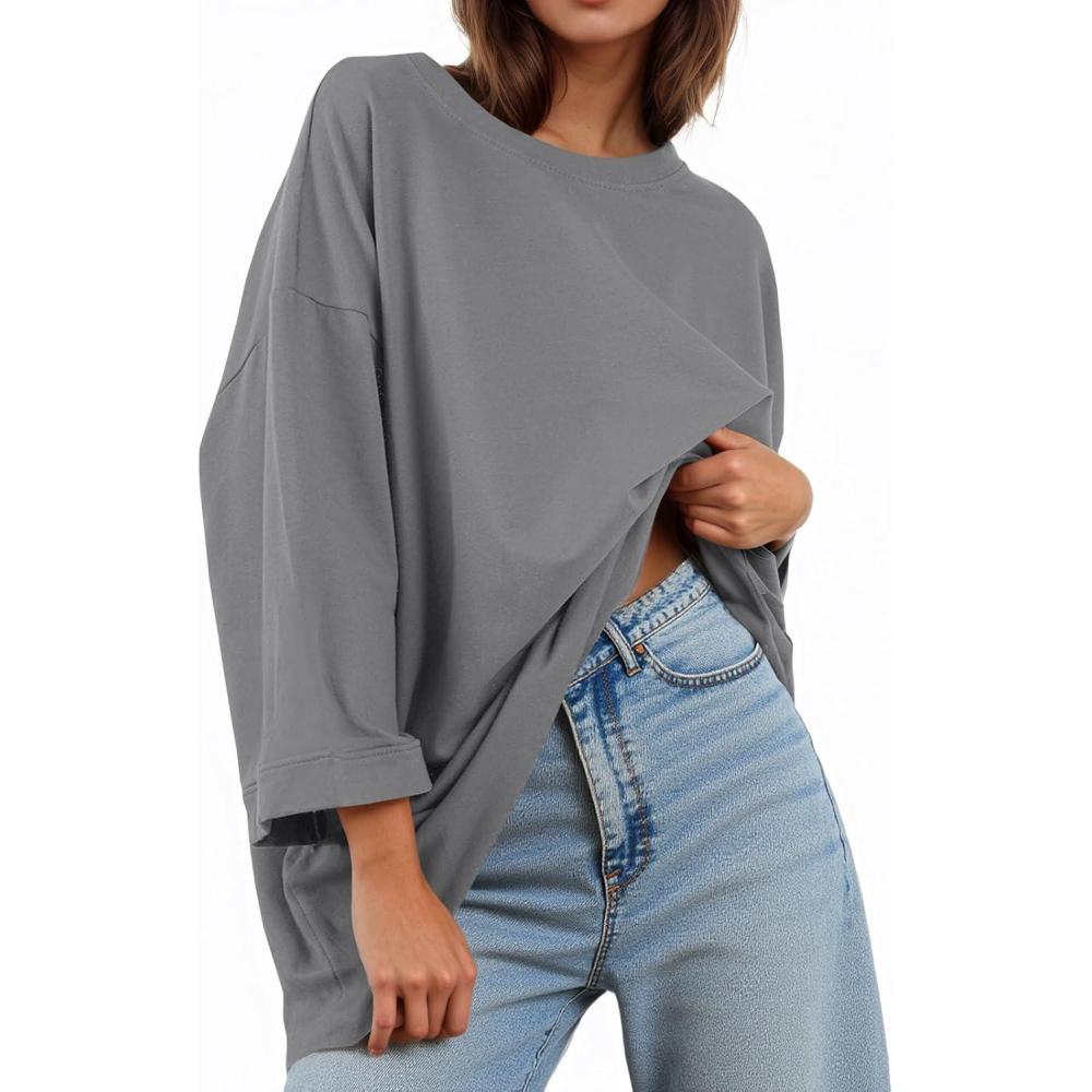 imageTankaneo Womens Oversized 34 Bell Sleeve TShirts Casual Crewneck Fall Trendy Tunic Tops Loose Fit Basic TeesGrey