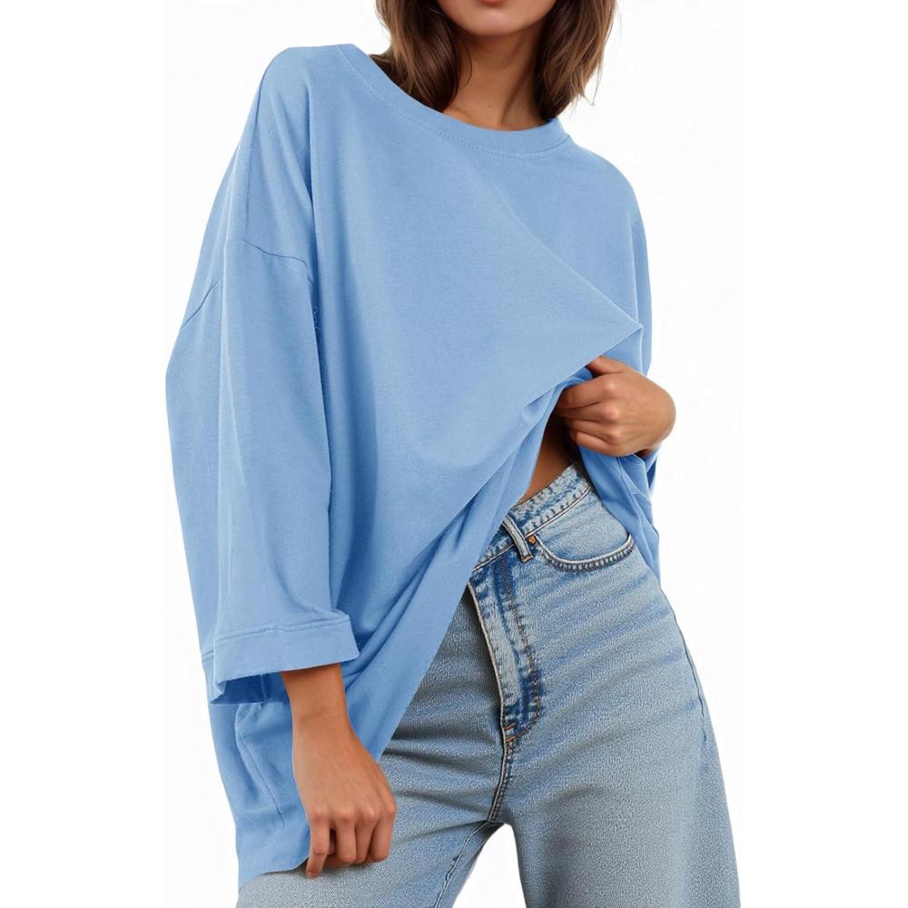 imageTankaneo Womens Oversized 34 Bell Sleeve TShirts Casual Crewneck Fall Trendy Tunic Tops Loose Fit Basic TeesLight Blue