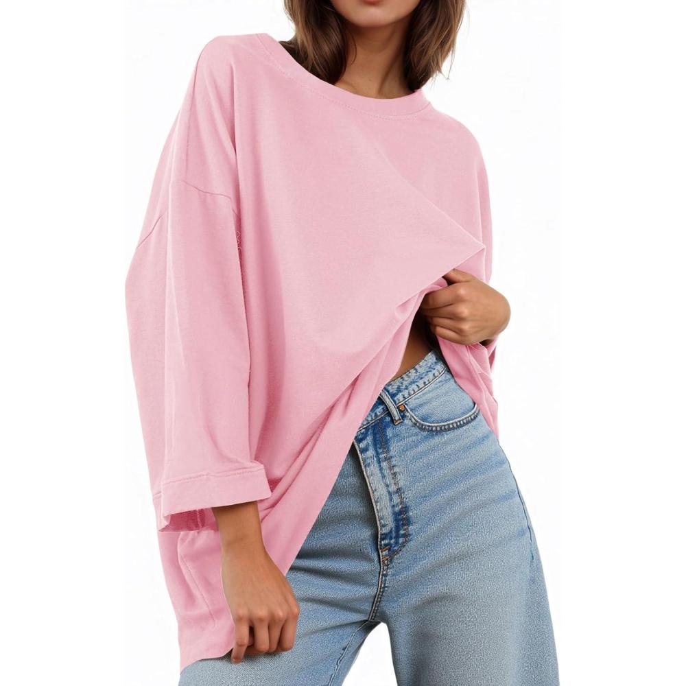 imageTankaneo Womens Oversized 34 Bell Sleeve TShirts Casual Crewneck Fall Trendy Tunic Tops Loose Fit Basic TeesPink