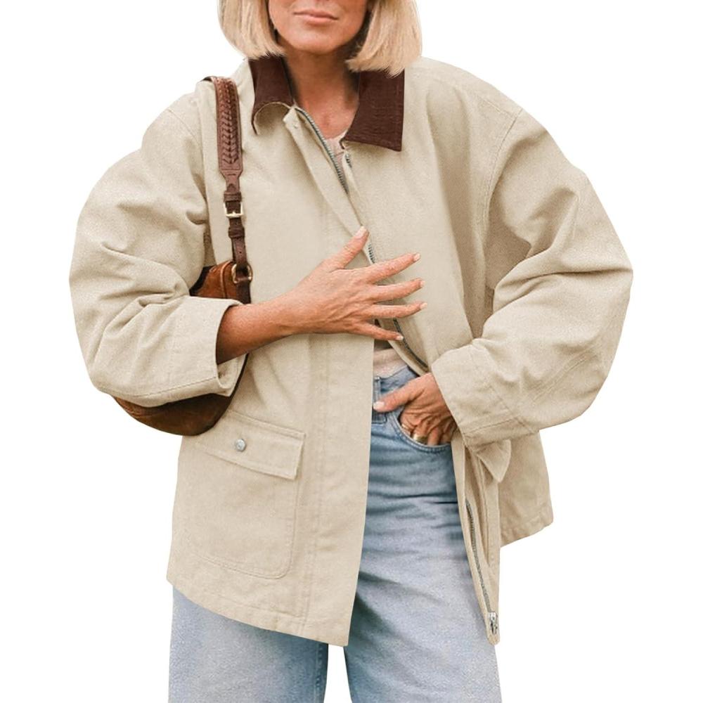 imageTankaneo Womens Oversized Barn Jacket Zip Up Military Safari Jackets Fall Color Block Vintage Trench Coat with PocketsApricot