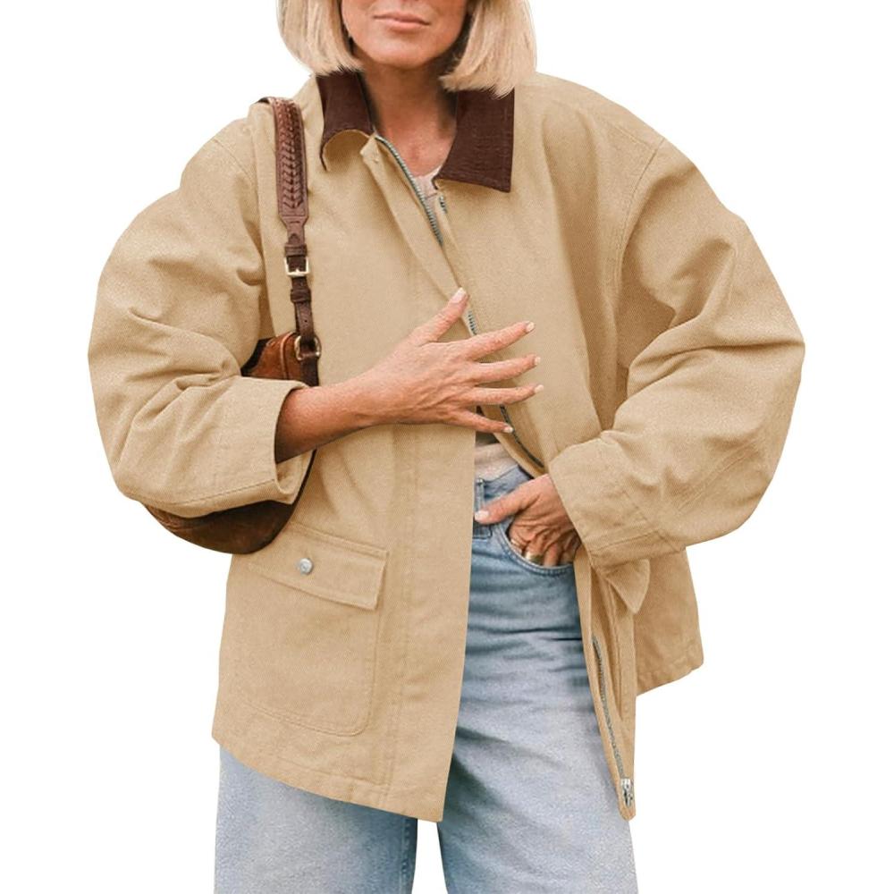 imageTankaneo Womens Oversized Barn Jacket Zip Up Military Safari Jackets Fall Color Block Vintage Trench Coat with PocketsKhaki