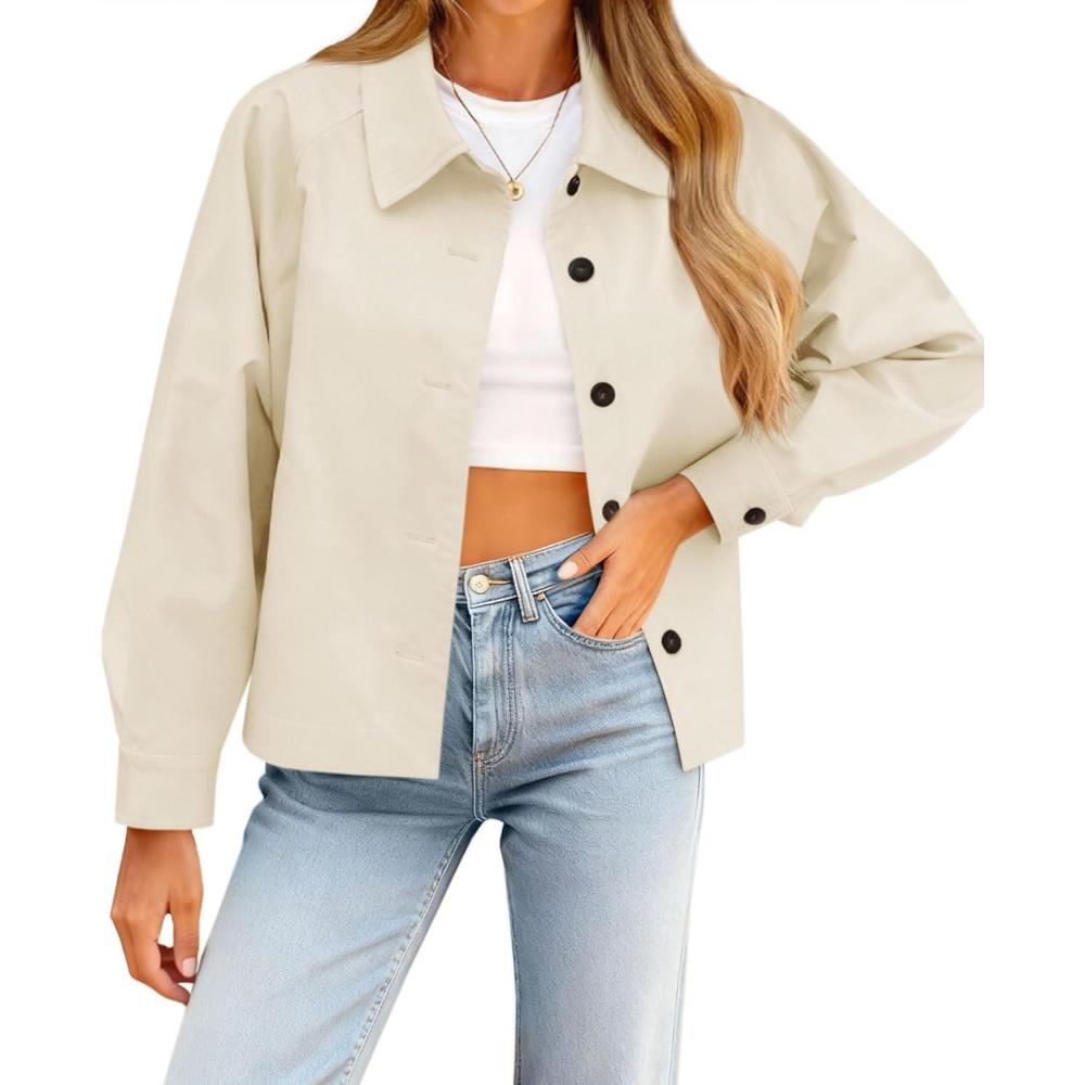 imageTankaneo Womens Oversized Cropped Trench Coat Batwing Sleeve Single Breasted Lapel Casual Jackets Fall Button up OuterwearBeige