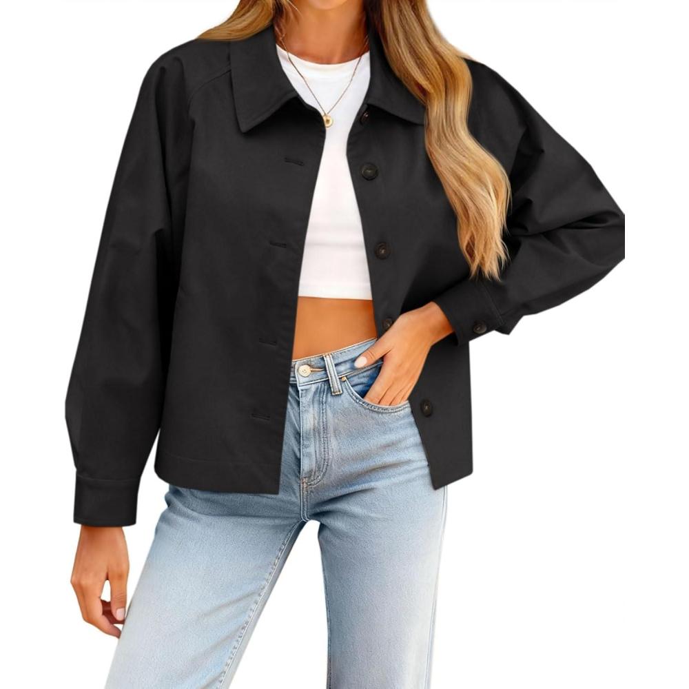 imageTankaneo Womens Oversized Cropped Trench Coat Batwing Sleeve Single Breasted Lapel Casual Jackets Fall Button up OuterwearBlack
