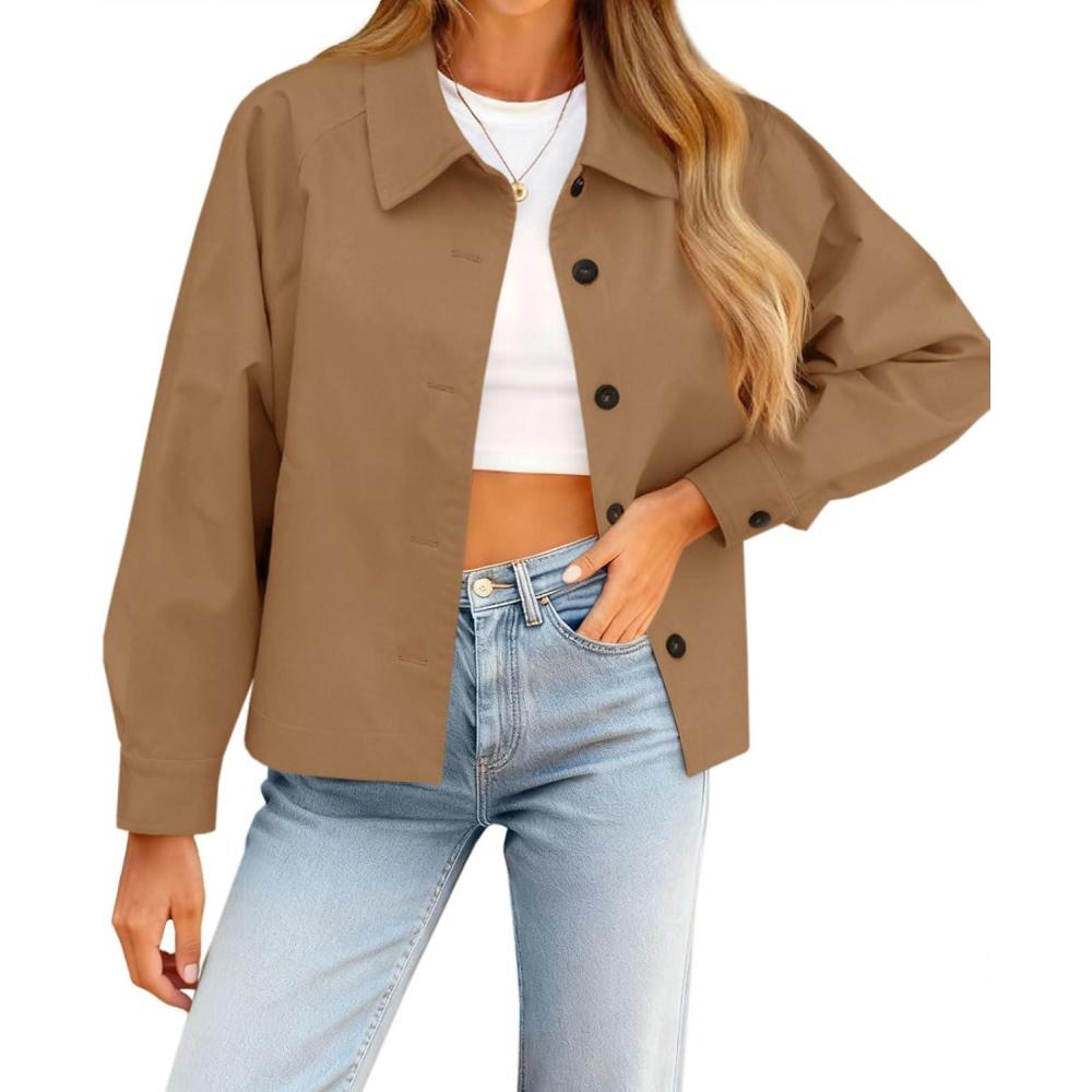 imageTankaneo Womens Oversized Cropped Trench Coat Batwing Sleeve Single Breasted Lapel Casual Jackets Fall Button up OuterwearKhaki