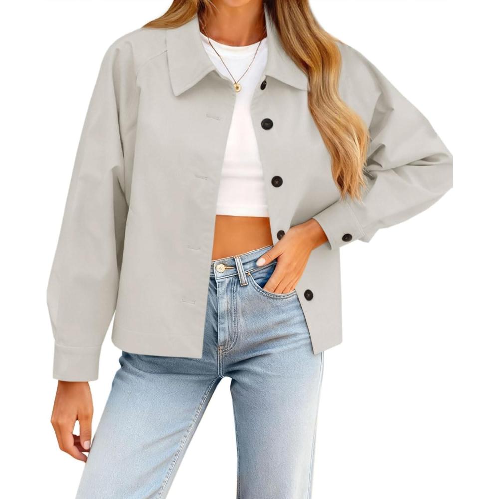 imageTankaneo Womens Oversized Cropped Trench Coat Batwing Sleeve Single Breasted Lapel Casual Jackets Fall Button up OuterwearLight Grey