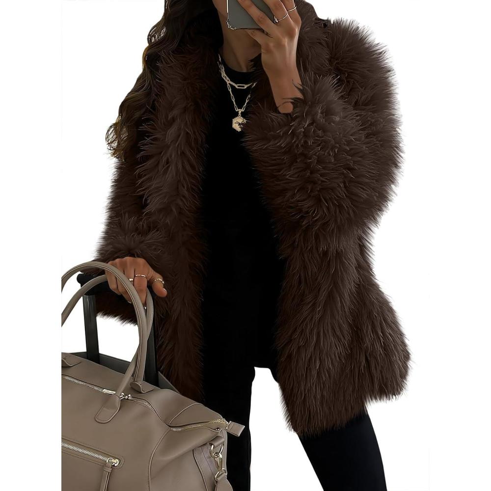 imageTankaneo Womens Oversized Faux Fur Coat Lapel Collar Open Front Fuzzy Jackets Winter Warm Fluffy OuterwearBrown