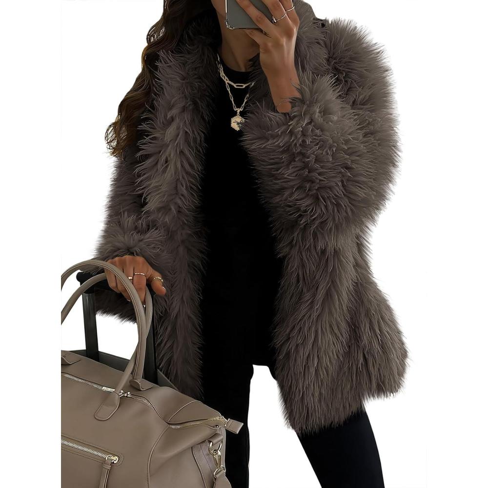 imageTankaneo Womens Oversized Faux Fur Coat Lapel Collar Open Front Fuzzy Jackets Winter Warm Fluffy OuterwearGrey