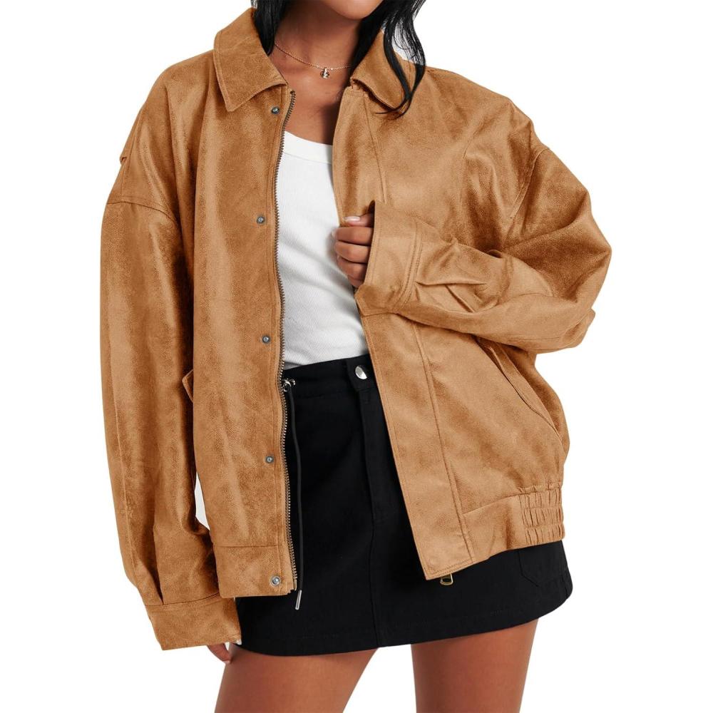 imageTankaneo Womens Oversized Leather Jackets Trendy Zip up Bomber Motorcycle Coat 2025 Going out OutfitsBrown