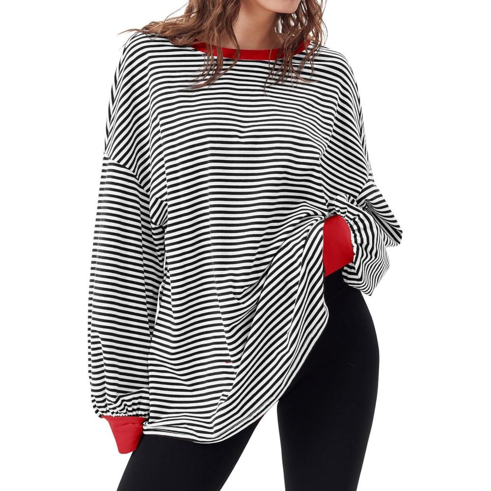 imageTankaneo Womens Oversized Long Sleeve T Shirts Striped Color Block Cotton Tunic Tops Loose Fit Fall Crewneck SweatshirtBlackred