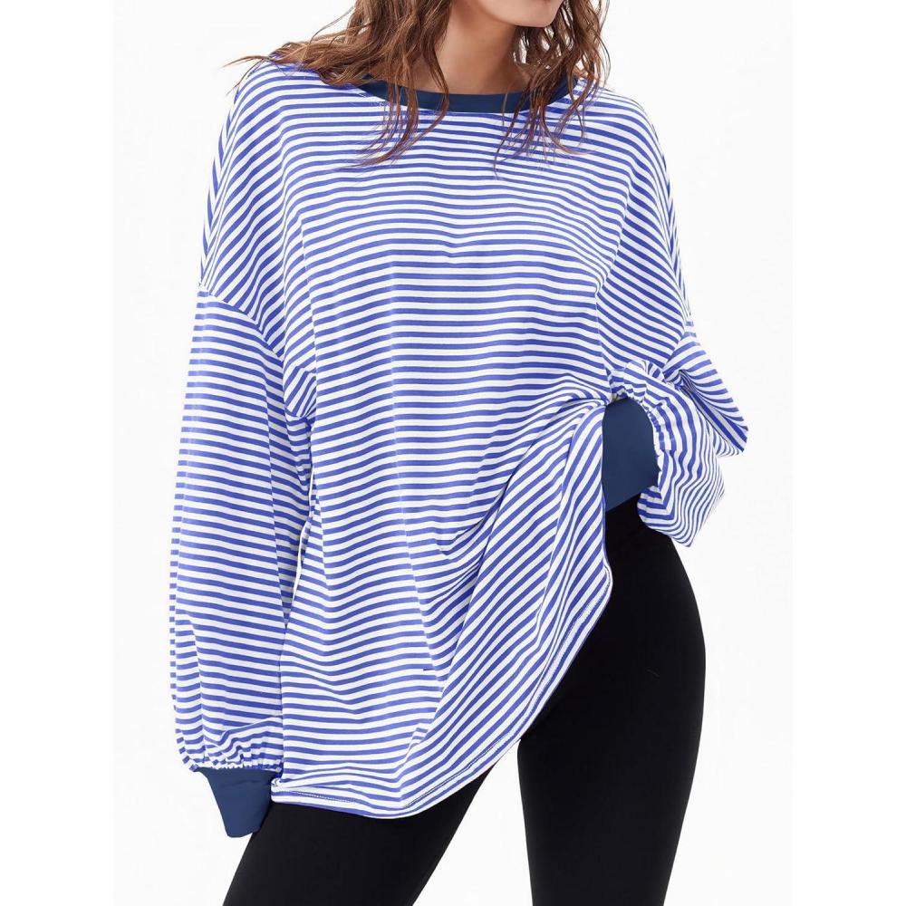 imageTankaneo Womens Oversized Long Sleeve T Shirts Striped Color Block Cotton Tunic Tops Loose Fit Fall Crewneck SweatshirtBlue