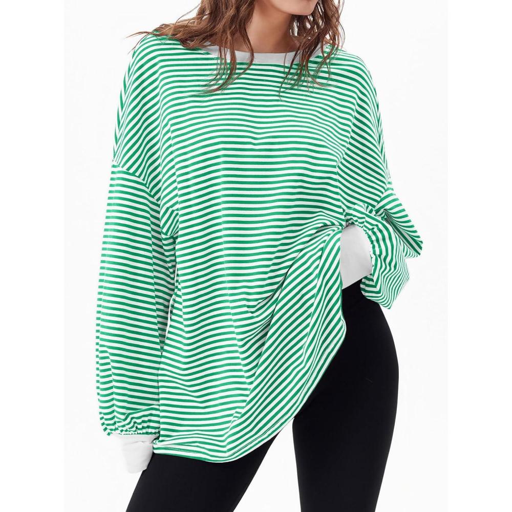 imageTankaneo Womens Oversized Long Sleeve T Shirts Striped Color Block Cotton Tunic Tops Loose Fit Fall Crewneck SweatshirtGreen