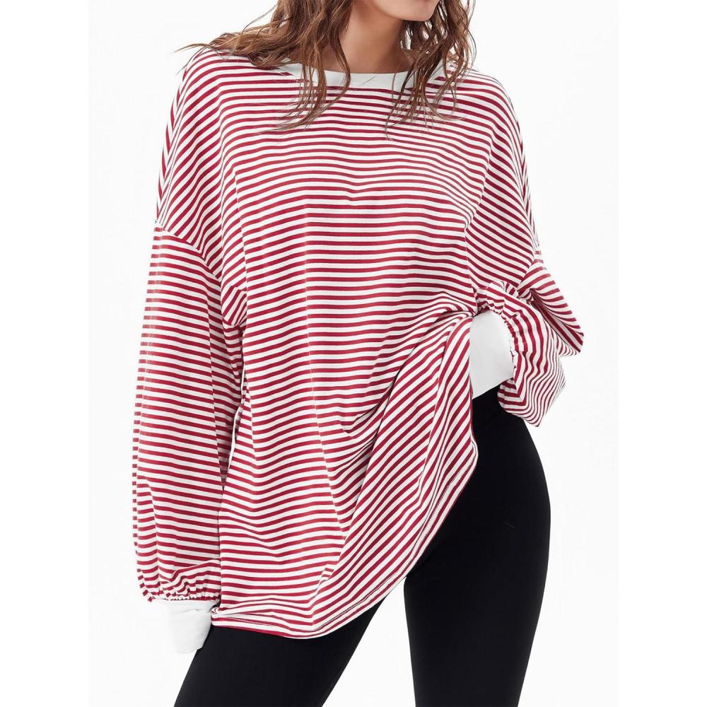 imageTankaneo Womens Oversized Long Sleeve T Shirts Striped Color Block Cotton Tunic Tops Loose Fit Fall Crewneck SweatshirtRed