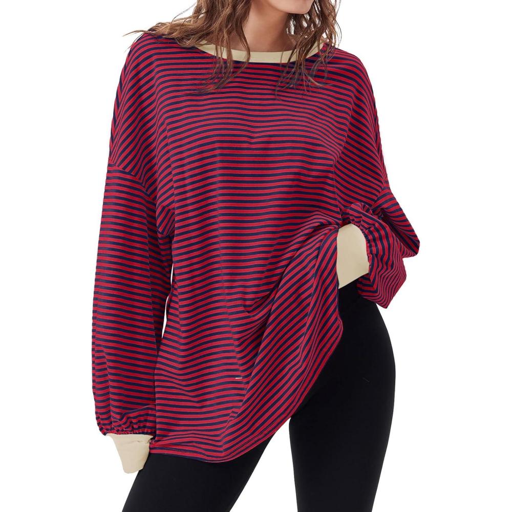 imageTankaneo Womens Oversized Long Sleeve T Shirts Striped Color Block Cotton Tunic Tops Loose Fit Fall Crewneck SweatshirtRedblue