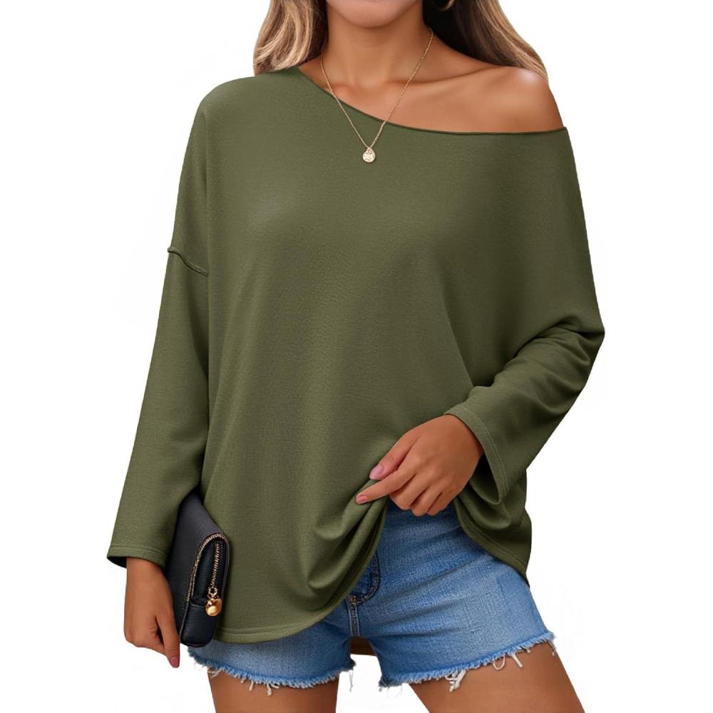 imageTankaneo Womens Oversized Off The Shoulder Tshirts Summer Casual Long Sleeve Tunic Tops Boat Neck Loose Fit Flowy SweatshirtArmy Green