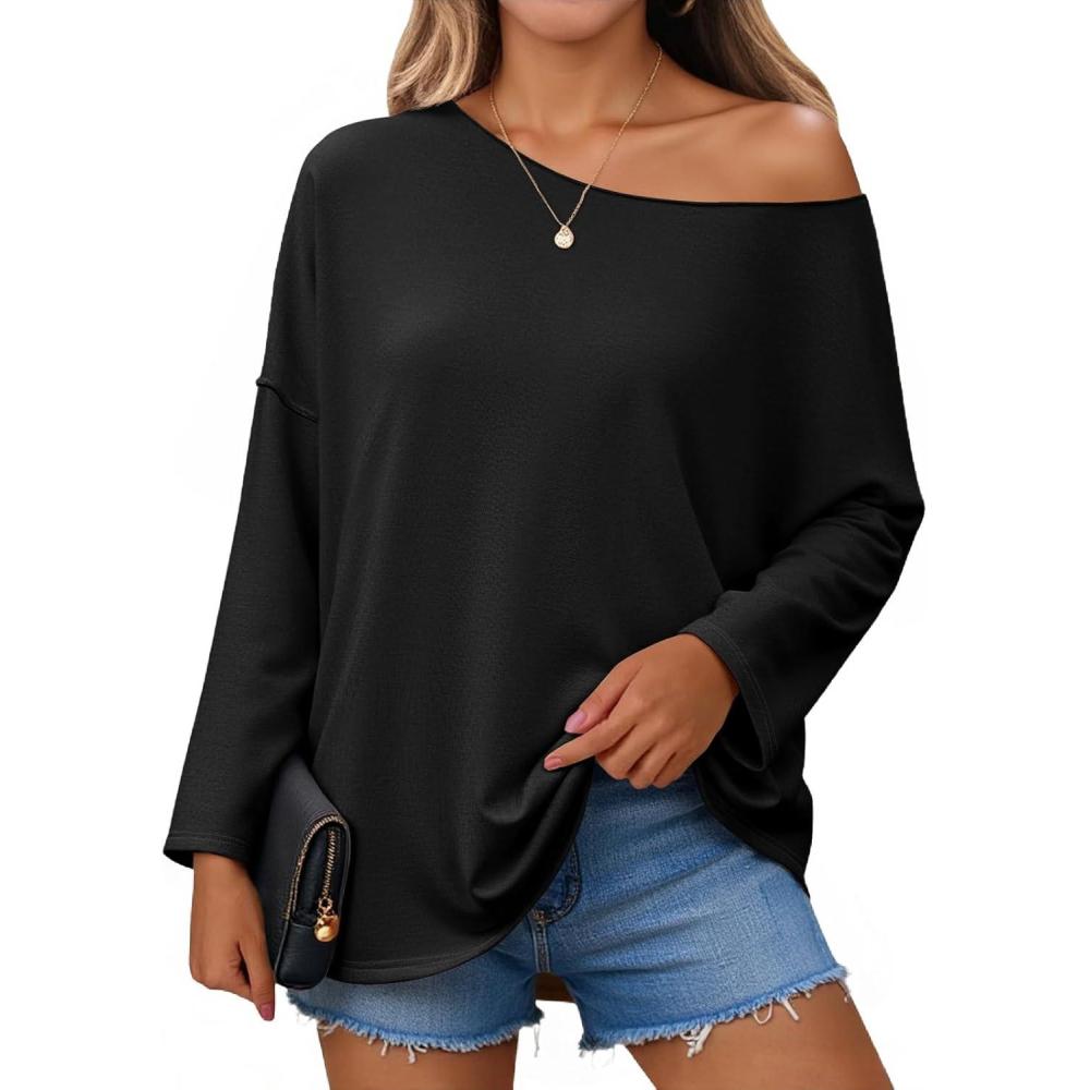 imageTankaneo Womens Oversized Off The Shoulder Tshirts Summer Casual Long Sleeve Tunic Tops Boat Neck Loose Fit Flowy SweatshirtBlack