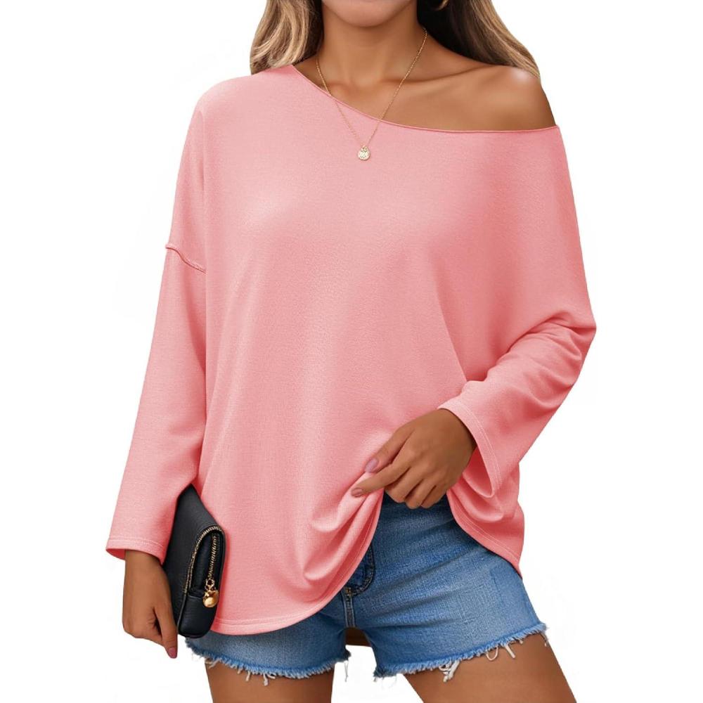 imageTankaneo Womens Oversized Off The Shoulder Tshirts Summer Casual Long Sleeve Tunic Tops Boat Neck Loose Fit Flowy SweatshirtPink