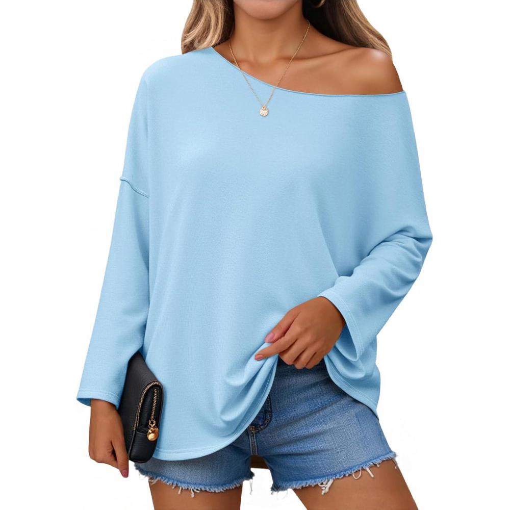 imageTankaneo Womens Oversized Off The Shoulder Tshirts Summer Casual Long Sleeve Tunic Tops Boat Neck Loose Fit Flowy SweatshirtSky Blue
