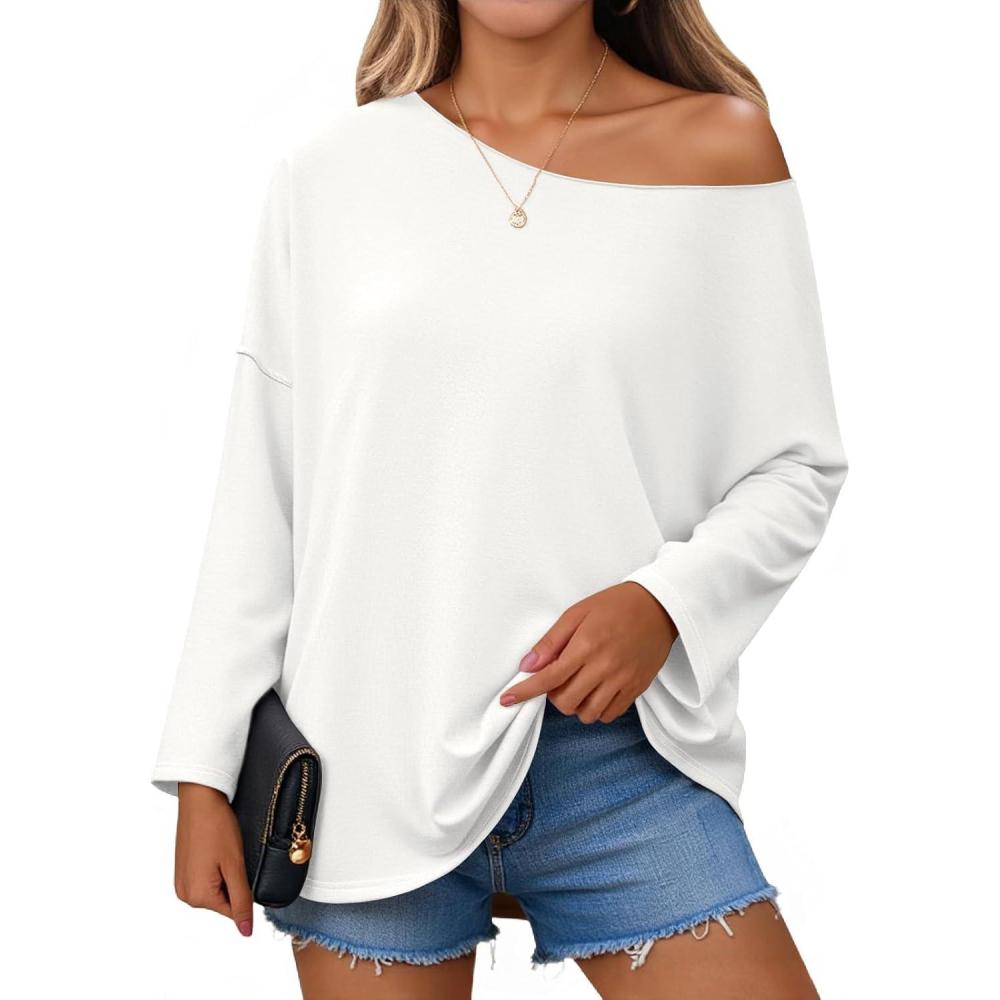 imageTankaneo Womens Oversized Off The Shoulder Tshirts Summer Casual Long Sleeve Tunic Tops Boat Neck Loose Fit Flowy SweatshirtWhite