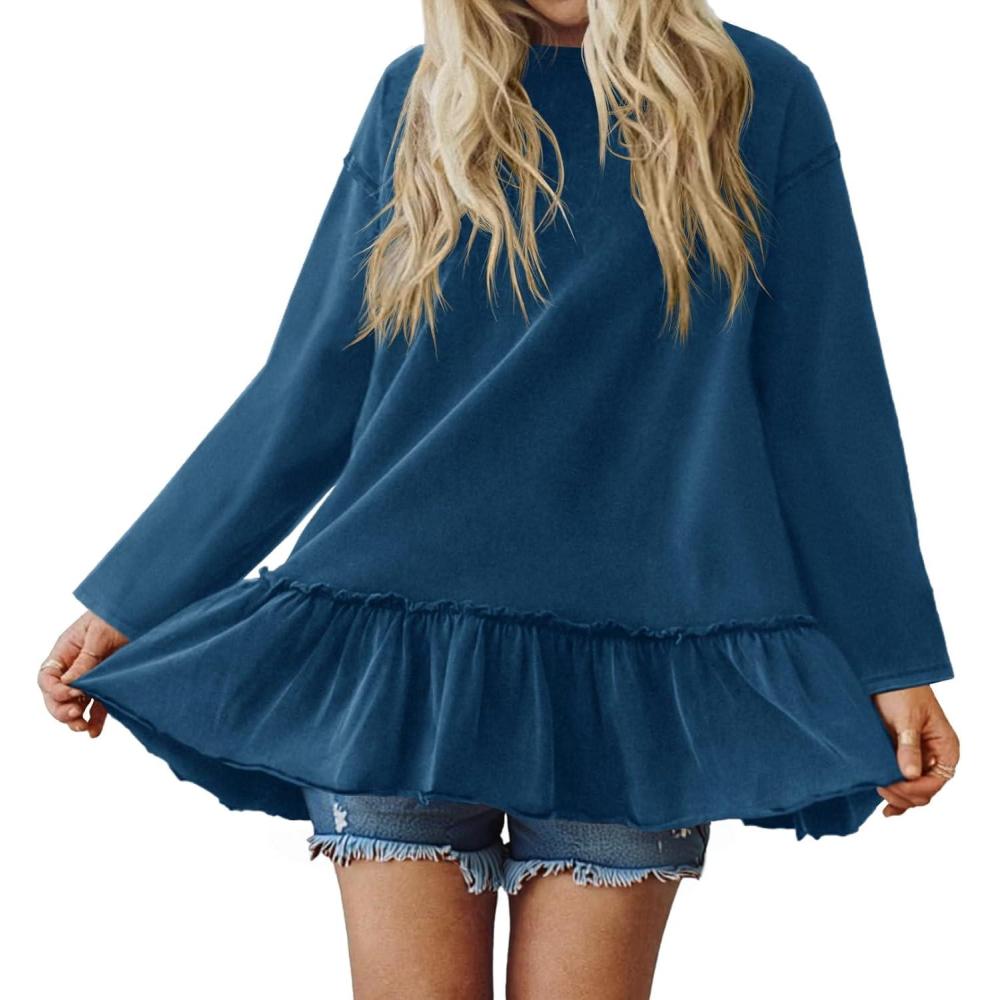 imageTankaneo Womens Oversized Peplum Tunic Tops Long Sleeve Babydoll Tops Casual Pleated Shirts Crew Neck Flowy Loose Fit TeesNavy