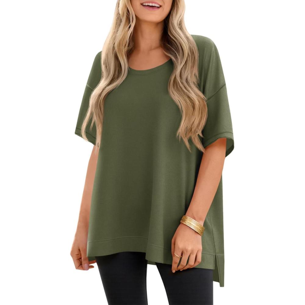 imageTankaneo Womens Oversized Scoop Neck Tshirts Summer Casual Short Sleeve Tops Side Slit Loose Fit Basic Tee ShirtsArmy Green