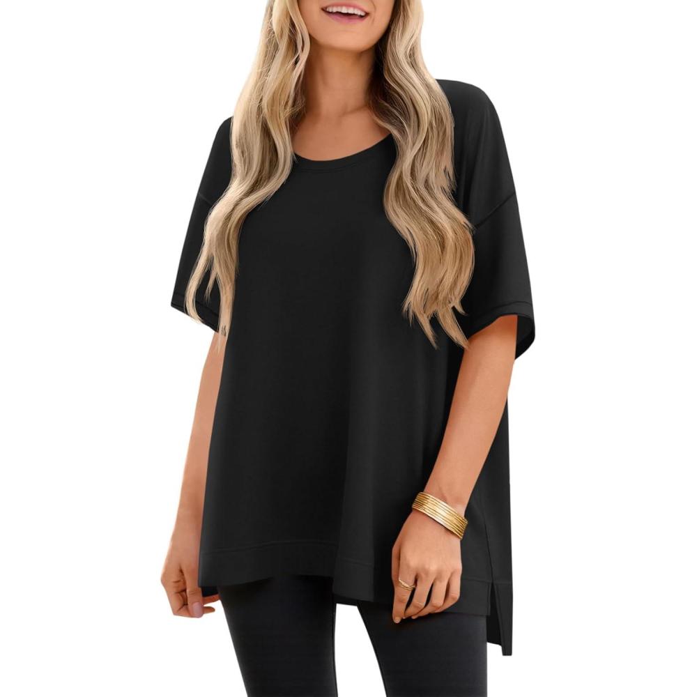 imageTankaneo Womens Oversized Scoop Neck Tshirts Summer Casual Short Sleeve Tops Side Slit Loose Fit Basic Tee ShirtsBlack