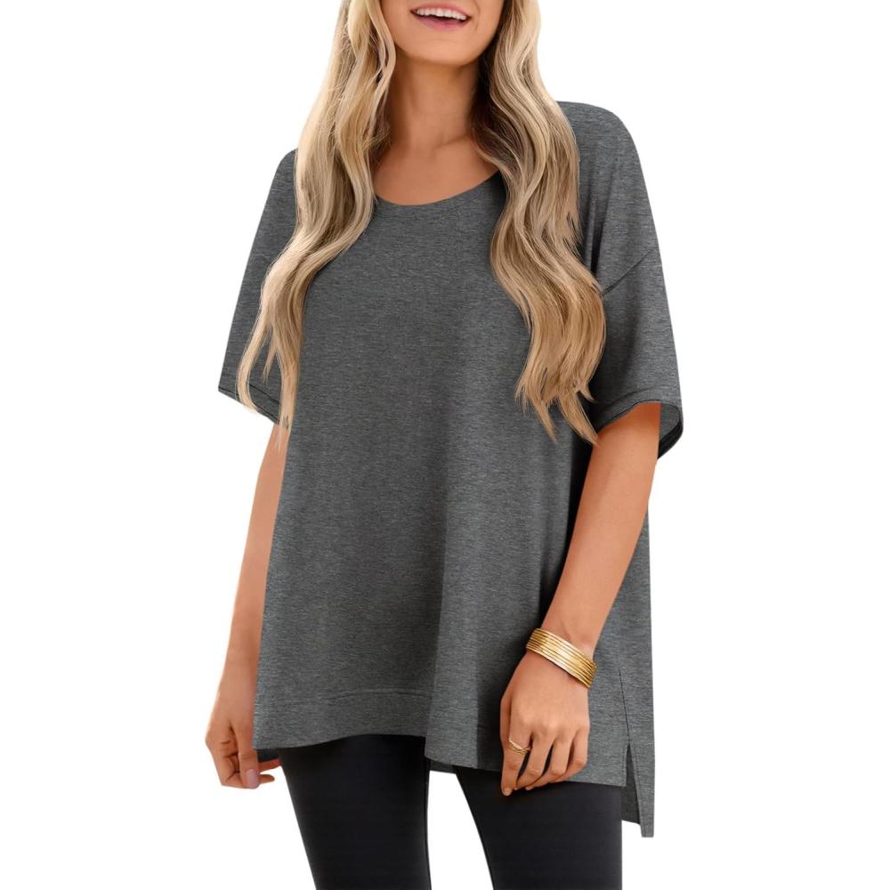 imageTankaneo Womens Oversized Scoop Neck Tshirts Summer Casual Short Sleeve Tops Side Slit Loose Fit Basic Tee ShirtsDark Grey