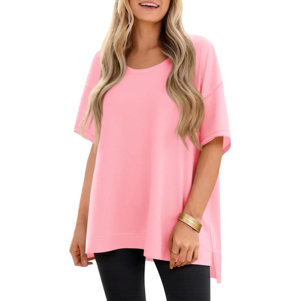 imageTankaneo Womens Oversized Scoop Neck Tshirts Summer Casual Short Sleeve Tops Side Slit Loose Fit Basic Tee ShirtsPink