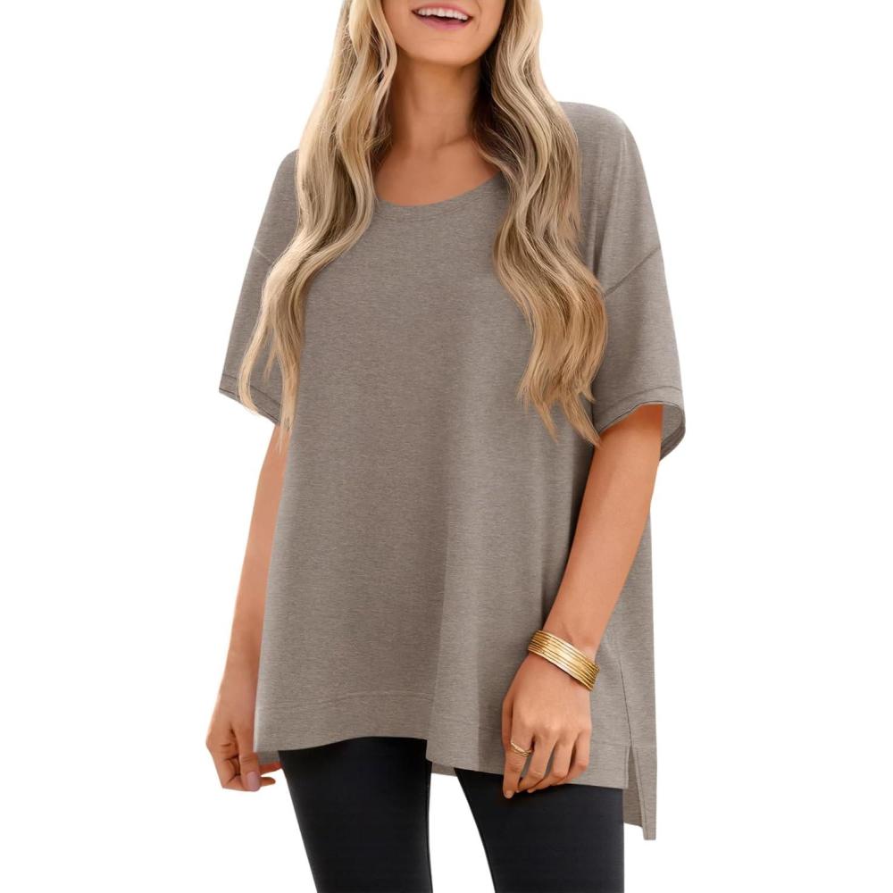 imageTankaneo Womens Oversized Scoop Neck Tshirts Summer Casual Short Sleeve Tops Side Slit Loose Fit Basic Tee ShirtsTaupe