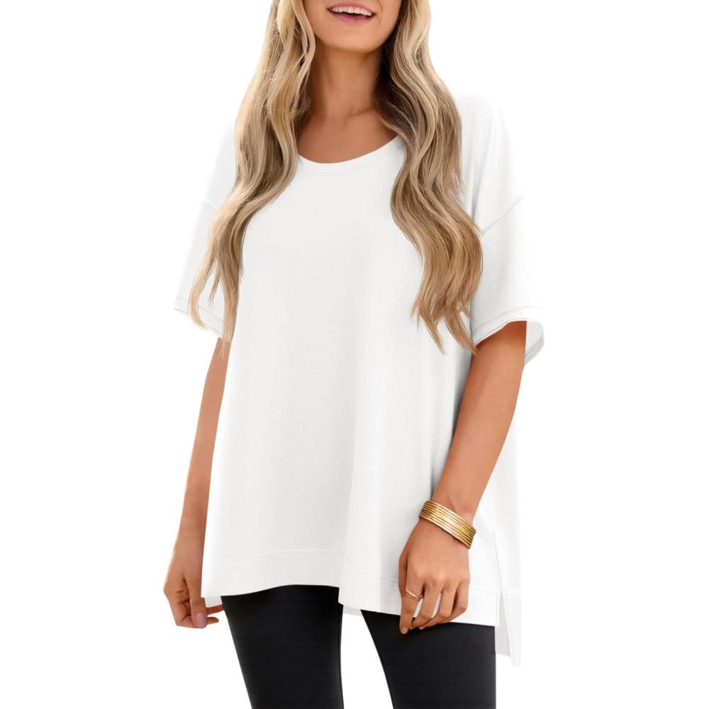 imageTankaneo Womens Oversized Scoop Neck Tshirts Summer Casual Short Sleeve Tops Side Slit Loose Fit Basic Tee ShirtsWhite