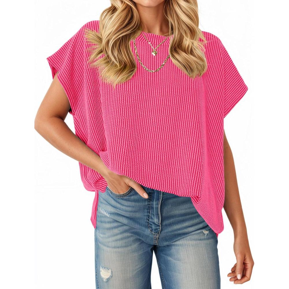imageTankaneo Womens Oversized Short Cap Sleeve Tunic Tops Summer Casual Textured Ribbed Knit TShirts Loose Fit TeesRose Red