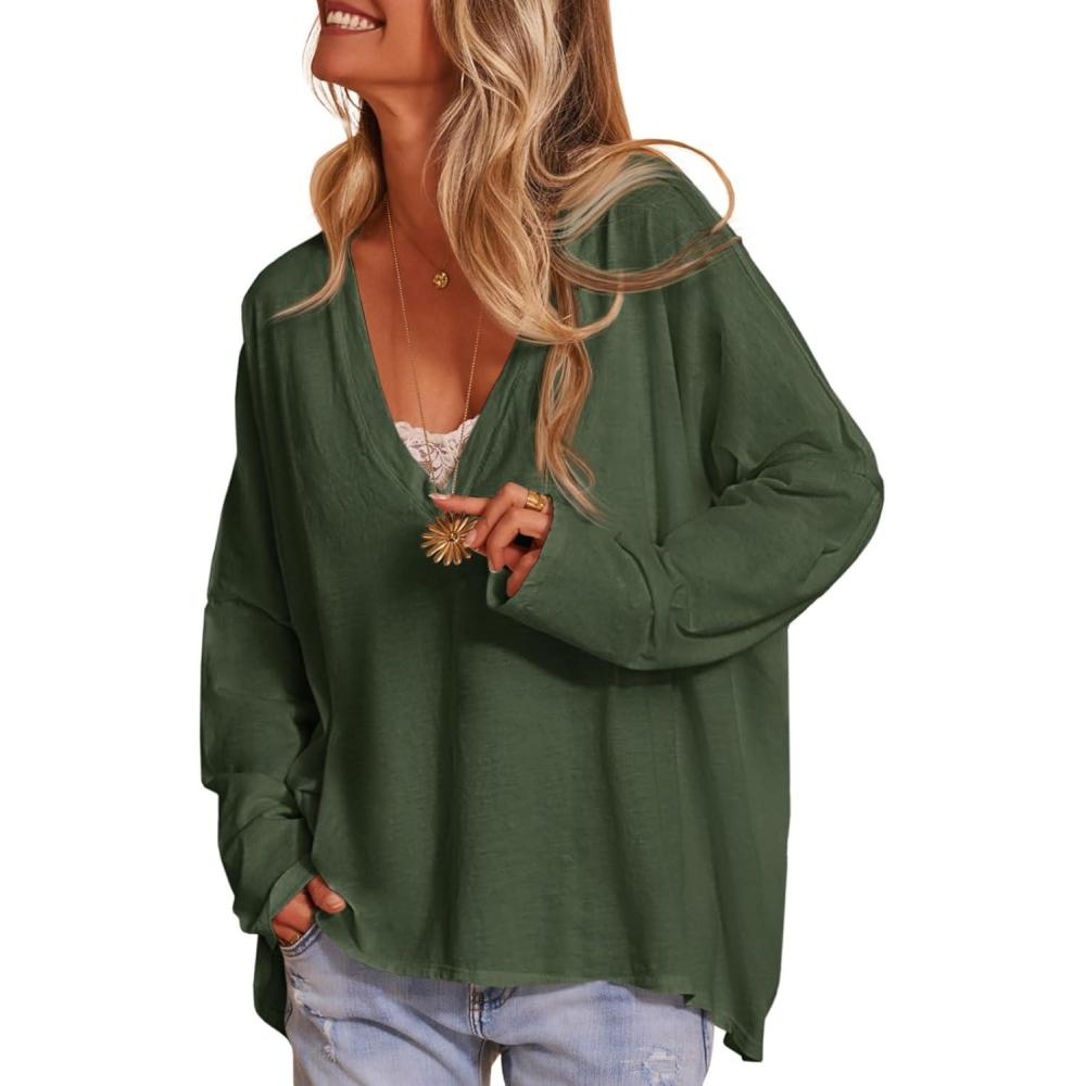 imageTankaneo Womens Oversized T Shirts Casual V Neck Batwing Long Sleeve Shirts Loose Fit Tunic TopsArmy Green