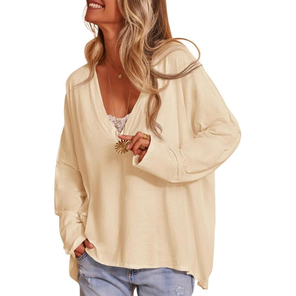 imageTankaneo Womens Oversized T Shirts Casual V Neck Batwing Long Sleeve Shirts Loose Fit Tunic TopsBeige